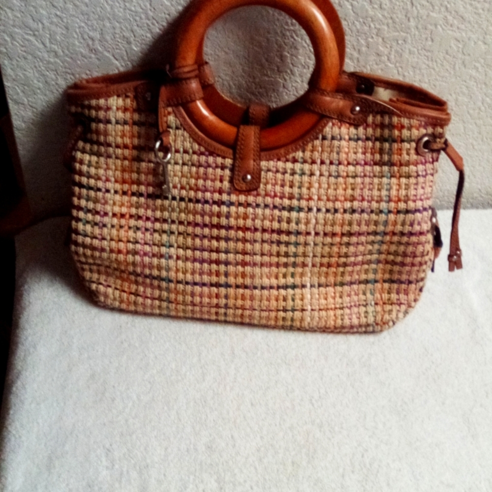 Fossil straw wood handle handbag